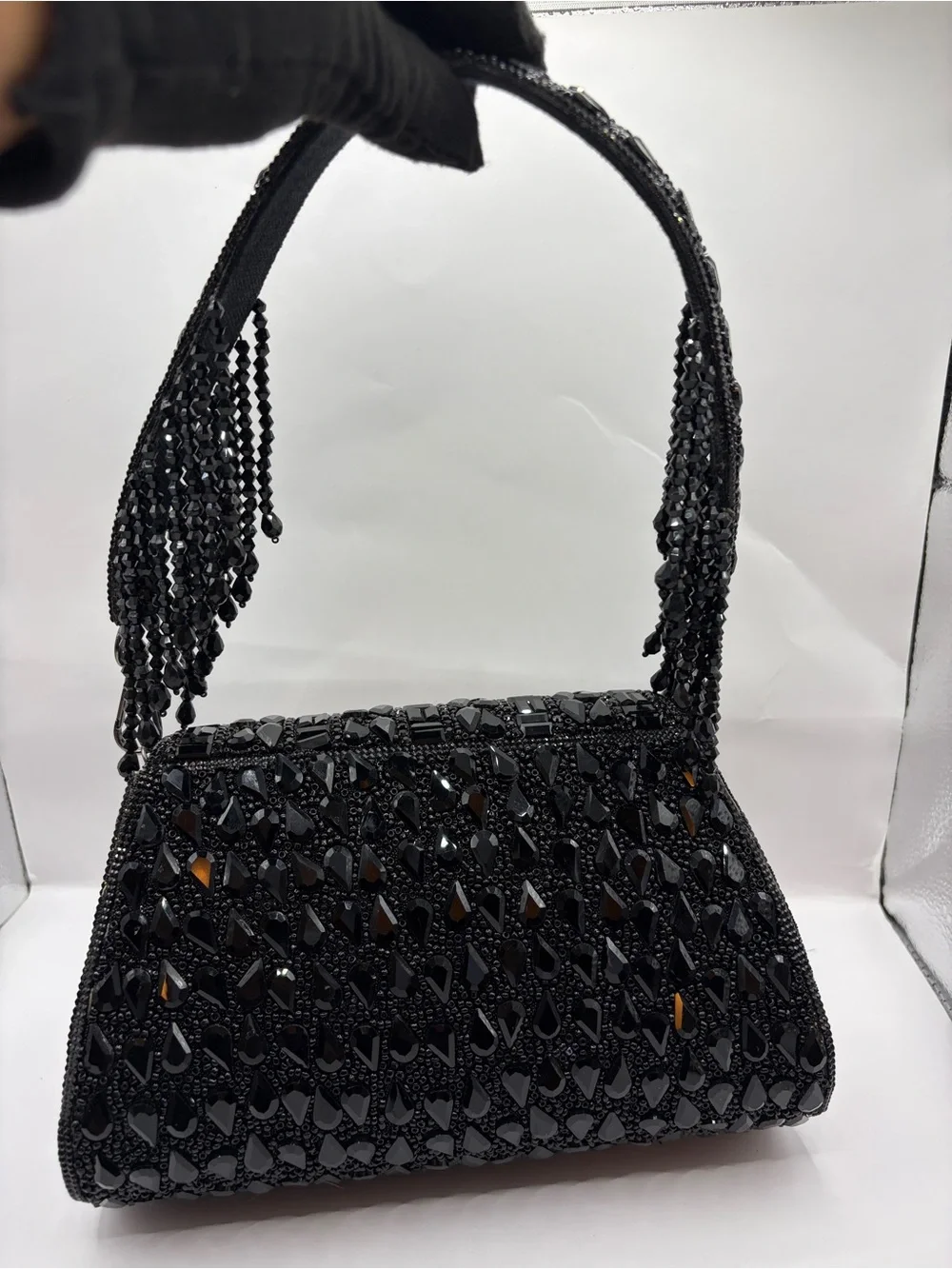 Premium Black Handmade Beaded Evening Clutch With Hanging Beads